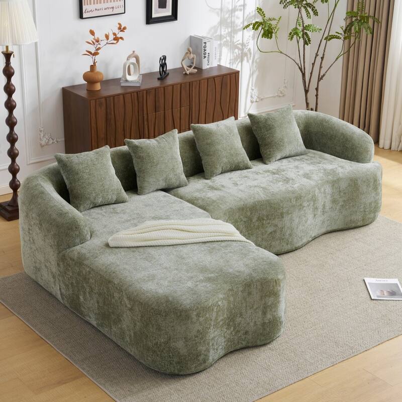 L-Shape Sectional Sofa with Curved Chaise, Beige Modular Chenille Couch - Green