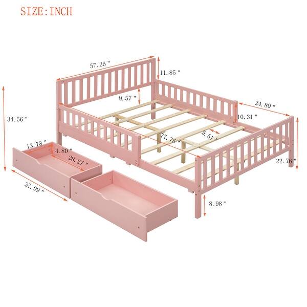 dimension image slide 2 of 6, Wood Platform Bed with 2 Storage Drawers & Both Sides Guardrails, Storage Bed Frame for Bedroom, Guest Room