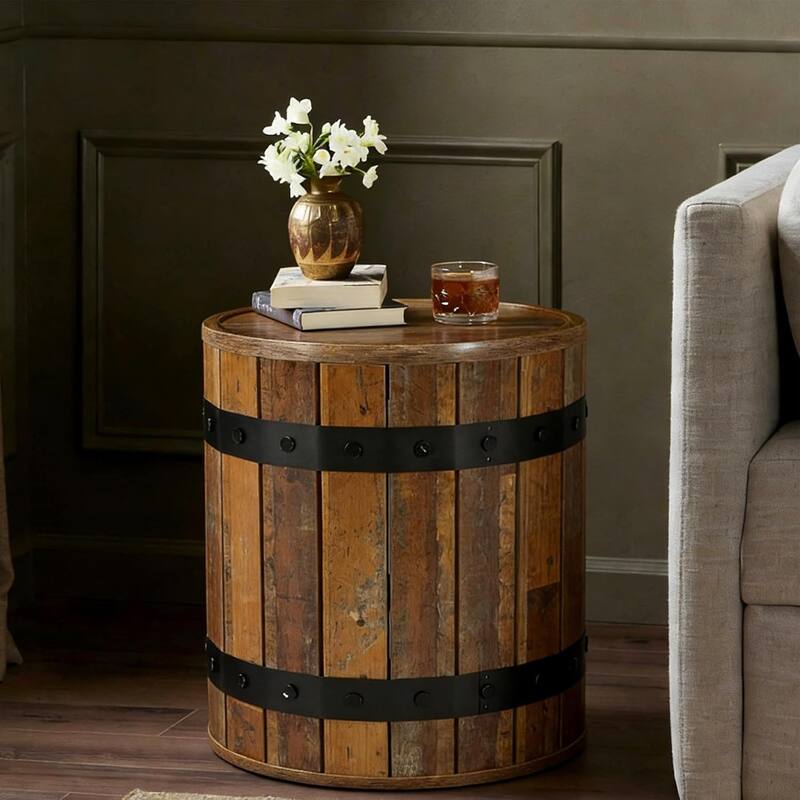 Barrel Side Table with Hidden Storage, 19.68" Round End Table, 24" Tall Sofa Side Bedside Nightstand for Living Room
