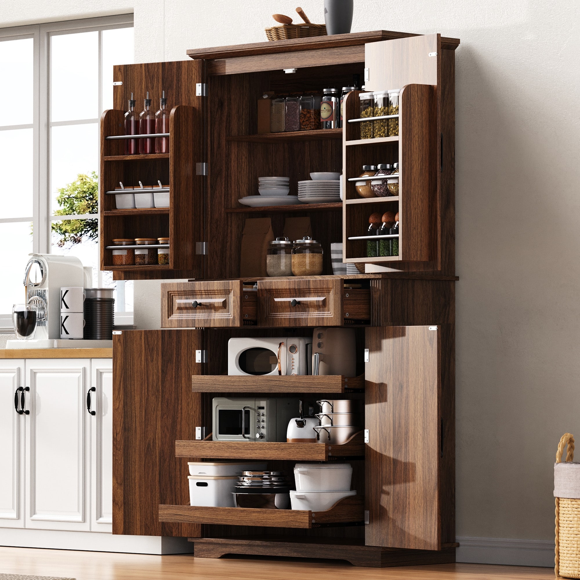 Kitchen Pantry Cabinet with 3 Pull Out Cabinet Organizers,with 6 Door Shelves,2 Drawers