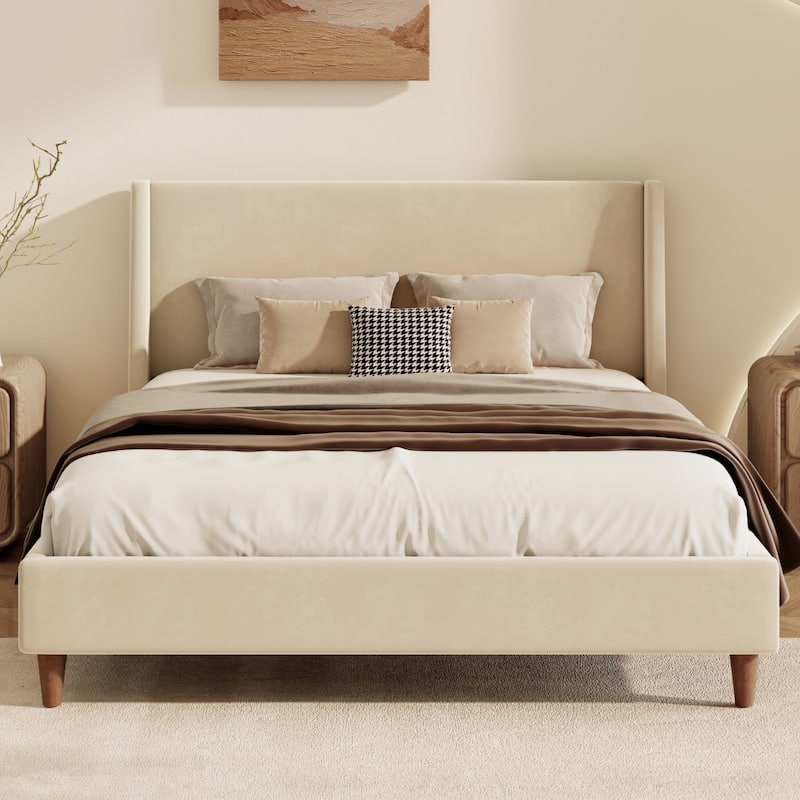 Upholstered Platform Bed with Wingback Headboard and Round Wooden Legs, Skin-friendly Upholstered Low-Profile Bed Frame - Beige - Velvet - Queen