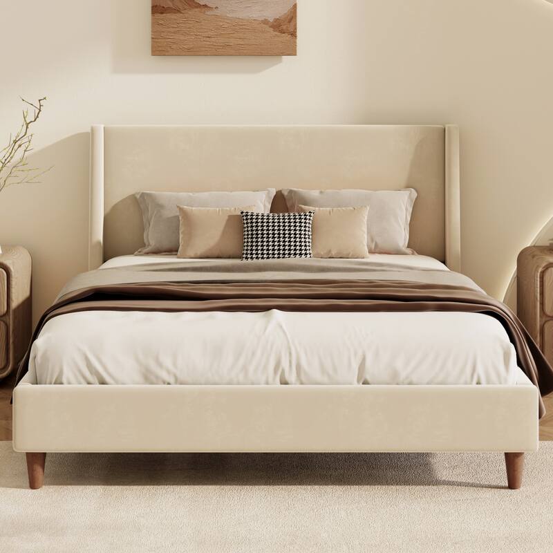 Wingback Low Platform Bed with Headboard, Round Legs