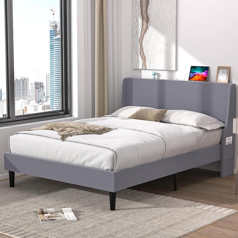 VECELO Bed Frame with Upholstered Wingback Headboard Platform Bedframe with Charging Station & Side Pockets - Grey - Full