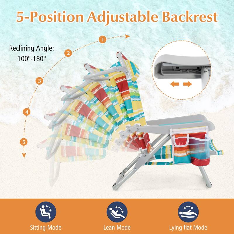 Oxford Fabric Adjustable Beach Chair with Aluminum Frame and Storage - 26" L x 25.5" W x 31" H