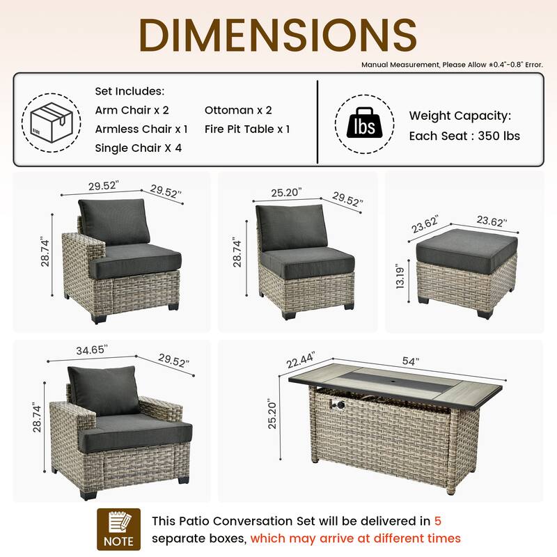 HOOOWOOO 10-piece Outdoor Wicker Wide Arm Patio Furniture Set with Fire Pit