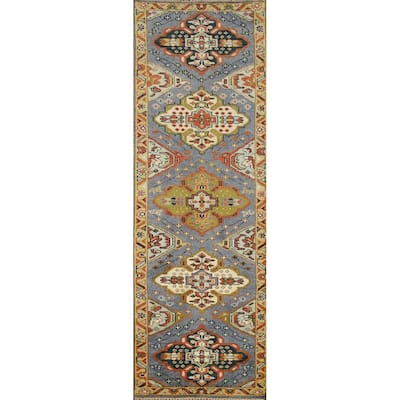 Hand Knotted Oriental 100% Wool Carpet Traditional Geometric Greys & Charcoal Kazak Runner Rug - 9' 9'' X 2' 7''