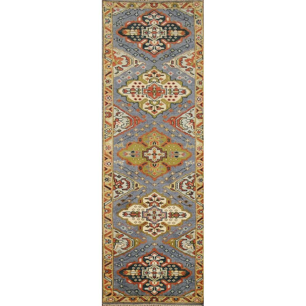Hand Knotted Oriental 100% Wool Carpet Traditional Geometric Greys & Charcoal Kazak Runner Rug - 9' 9'' X 2' 7''