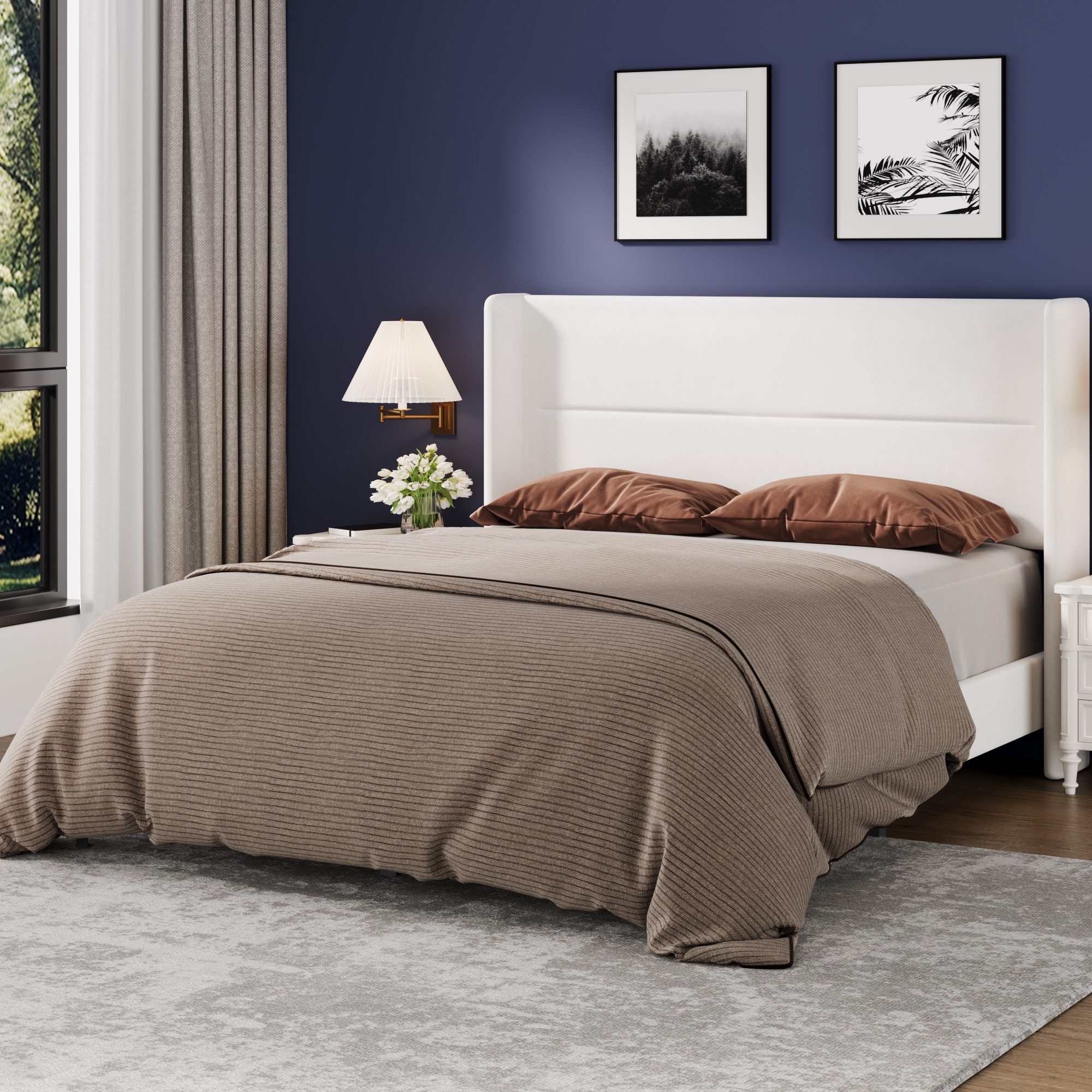 Queen Size Bed Frame with Wingback Headboard, Velvet Upholstered Platform Bedframe