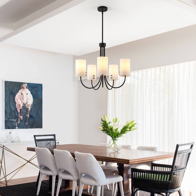 KAWOTI 5-Light Chandelier with White Fluted Glass Shade - W27.75" x H22.25"