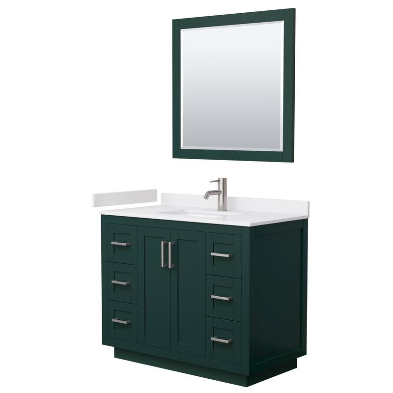 Miranda Single Vanity Set, Cultured Marble Top, 34-Inch Mirror - 42-Inch Single - Green, Nickel Trim, White Cultured Marble Top
