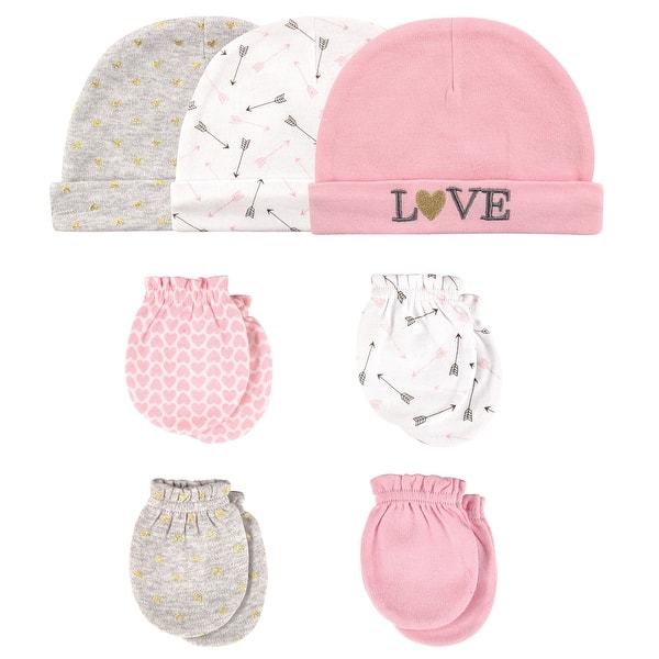 slide 1 of 1, Hudson Baby Infant Girl Cotton Cap and Scratch Mitten 7pc Set, Love, 0-6 Months - Love Love - 0-6 Months