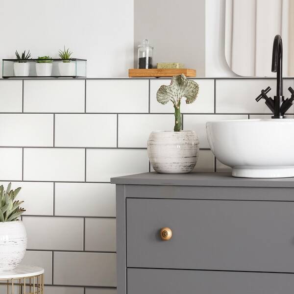slide 1 of 8, SomerTile Piscina Brick Blanco Brillo 4.75" x 9.63" Porcelain Floor and Wall Subway Tile