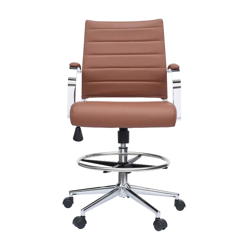 Swivel PU Leather Office Drafting Chair For Standing Table Mid-Back Ribbed Executive Ergonomic With Arms Wheels Task Computer
