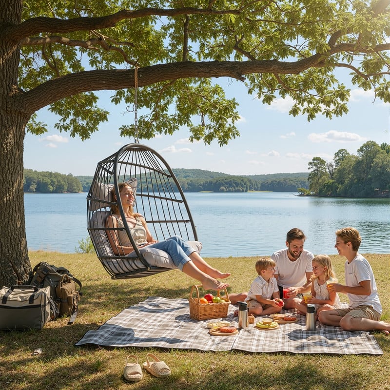 Outdoor Indoor Wicker Foldable Hanging Egg Chair Without Stand, Patio Swing Chair with Cushion, 350 lb Capacity