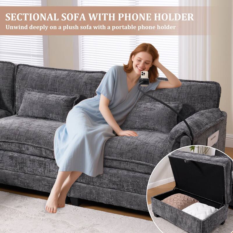 GALDWIN Chenille Upholstered L-shaped Modular Sectional Sleeper Sofa with Movable Storage Ottoman,USB&Type-C