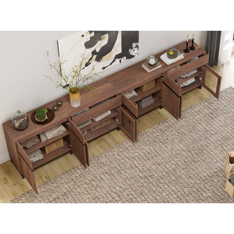 4-in-1 Modern Sideboard Buffet with Glass Doors, 2 Drawers & Metal Base, Adjustable Shelf for Kitchen Coffee Bar Storage