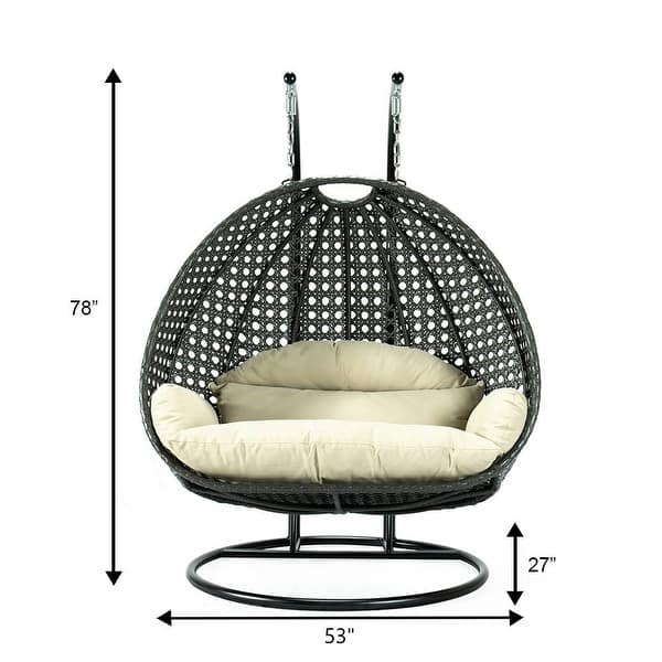 dimension image slide 8 of 16, LeisureMod 2-Person Double Egg Swing Chair - Charcoal Wicker with Metal Stand & Plush Cushions - Modern Outdoor Patio Lounger