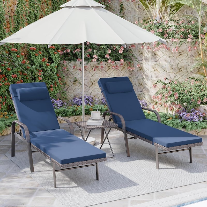 3-Piece Outdoor Wicker Chaise Lounge with Armrests and Cushions