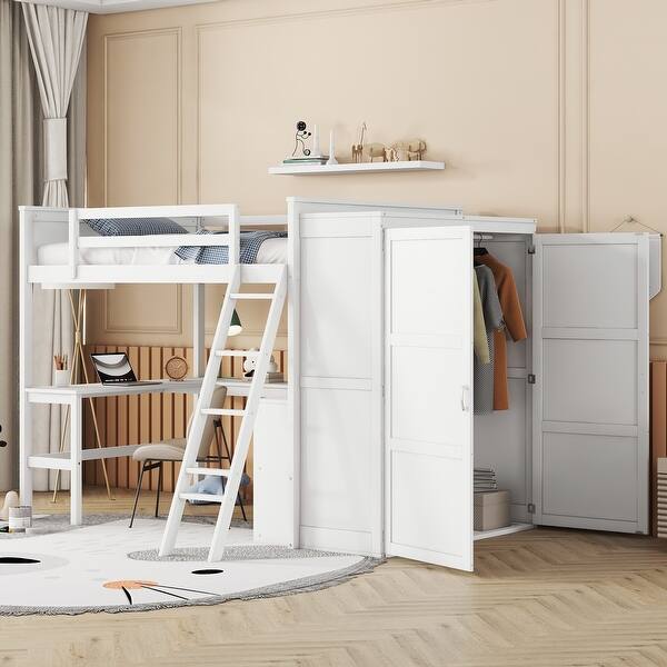 slide 2 of 9, White Solid Pine Loft Bed with Desk, Shelves, Wardrobe, Guardrails Full - White