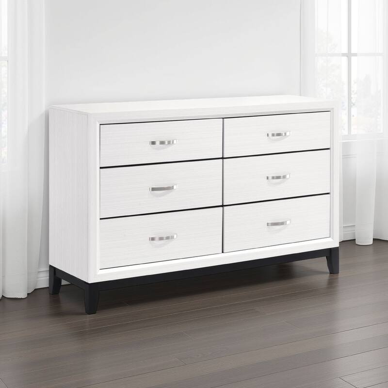 Ameya 58 Inch Wide Dresser, 6 Drawers Chrome, White Melamine, Black