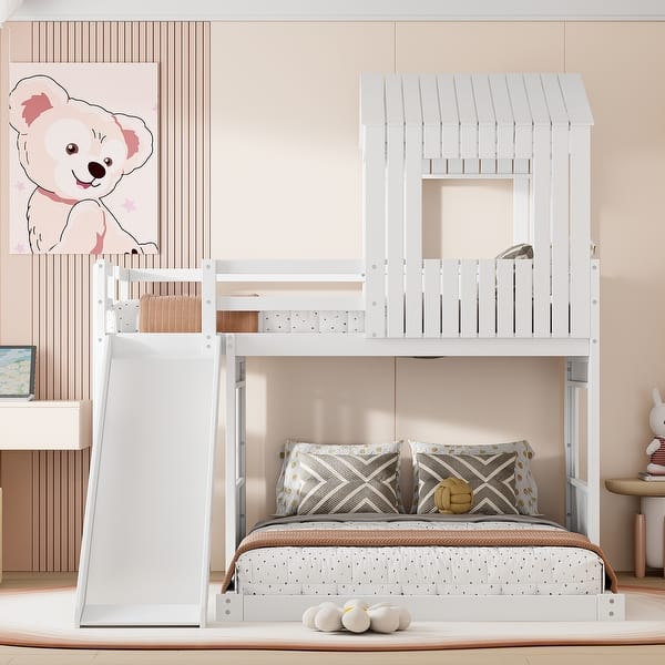 slide 2 of 15, Playhouse Twin Over Full Wooden Bunk Bed, Farmhouse Safety Guardrail Bed with Ladder and Slide White