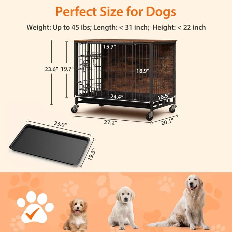 Dogs Kennel Crate Furniture with Removable Tray and Wheels