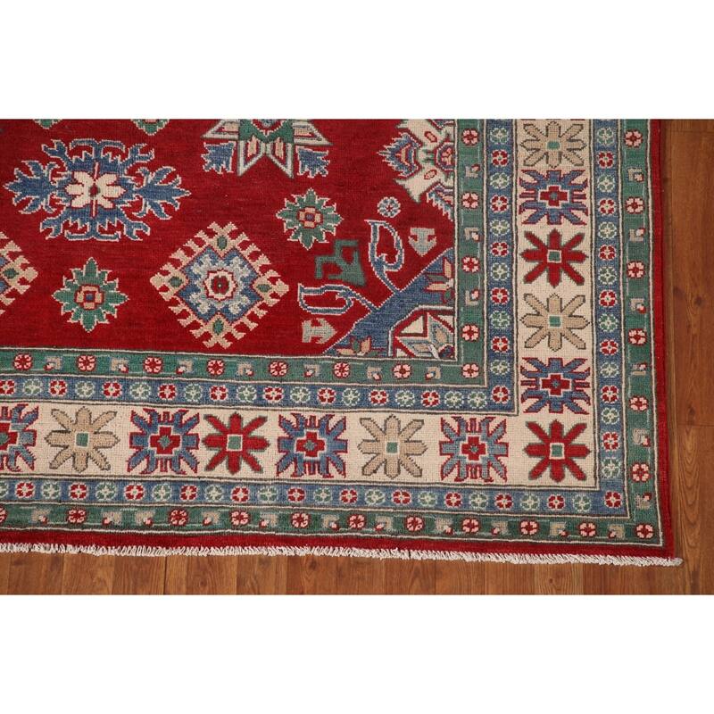 Red Geometric Kazak Oriental Area Rug Hand-Knotted Wool Carpet - 6'8" x 9'7"
