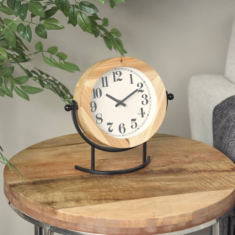 Wood Decorative Clock with Curved Black Metal Stand and Ball Details - Light Brown - Roche River Decor