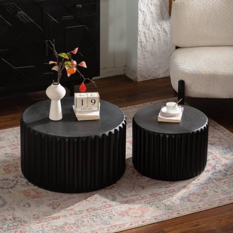 Black Scalloped Round Coffee Table Set: Nesting Design