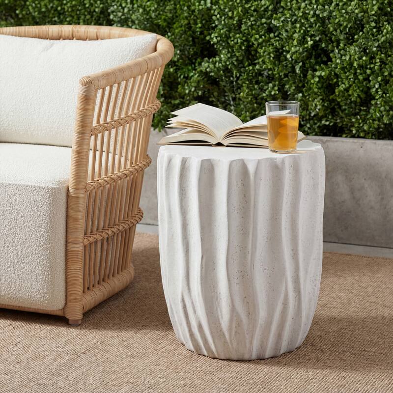 Christopher Knight Home - Ames 18.11"H Outdoor Modern Drum Shape MGO Side Table with Ribbed Surface Textured, Fully Assembled - White
