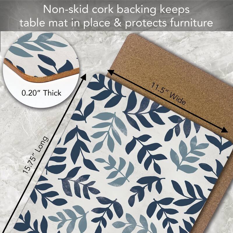 Blue Leaf Floral Decorative Hardboard Placemats with Protective Cork Backing 4 Pack Heat Tolerant and Easily Wipes Clean