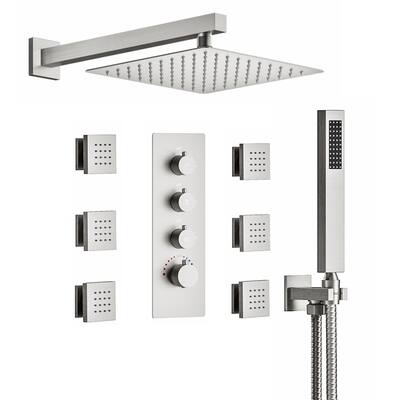 Thermostatic Shower System 12" Rain Shower Head 4 Way Valve Faucet w/ 6 Body Jets
