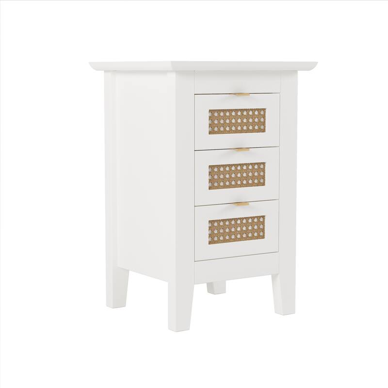 Wooden Nightstands Set of 2 with Rattan-Woven and 3 Drawers Nightstand,for Bedroom Golden Handle Small Side Table