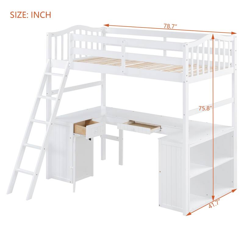 Wooden Kids Loft Bed with U Shaped Desk, Twin Size Storage Loft Bed with Drawers, Cabinet and Shelves, Solid Pine Loftbed Frame