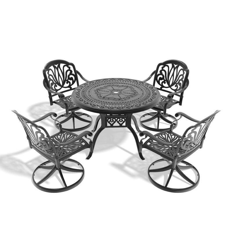 5-Piece Aluminum Round Outdoor Patio Dining Set, 4 Cushioned Swivel Chairs, Table, All-Weather Frames