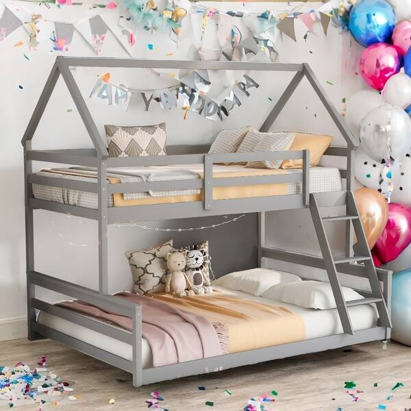 slide 2 of 33, House Bed Design Twin over Full House Bunk Bed with Built-in Ladder,Full-length Guardrail Grey