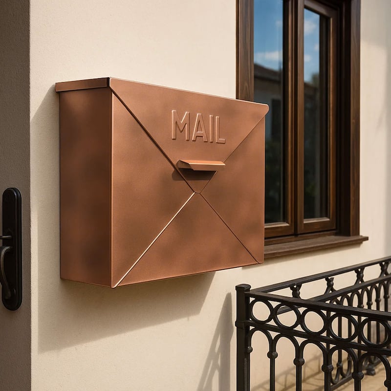 Envelope Shaped Wall Mount Metal Mail Box, Copper