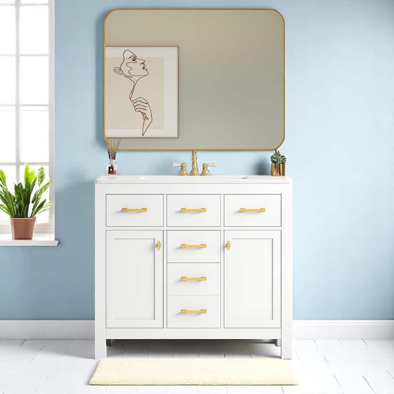 Freestanding 36'' Single Sink Bathroom Vanity with 2 Cabinets & 4 Drawers, Ceramic Top, Modern Shaker Style - White