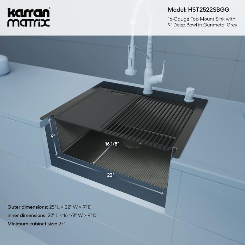 Matrix 25" Top Mount Workstation 16 Gauge Single Bowl Stainless Steel Kitchen Sink with Accessories