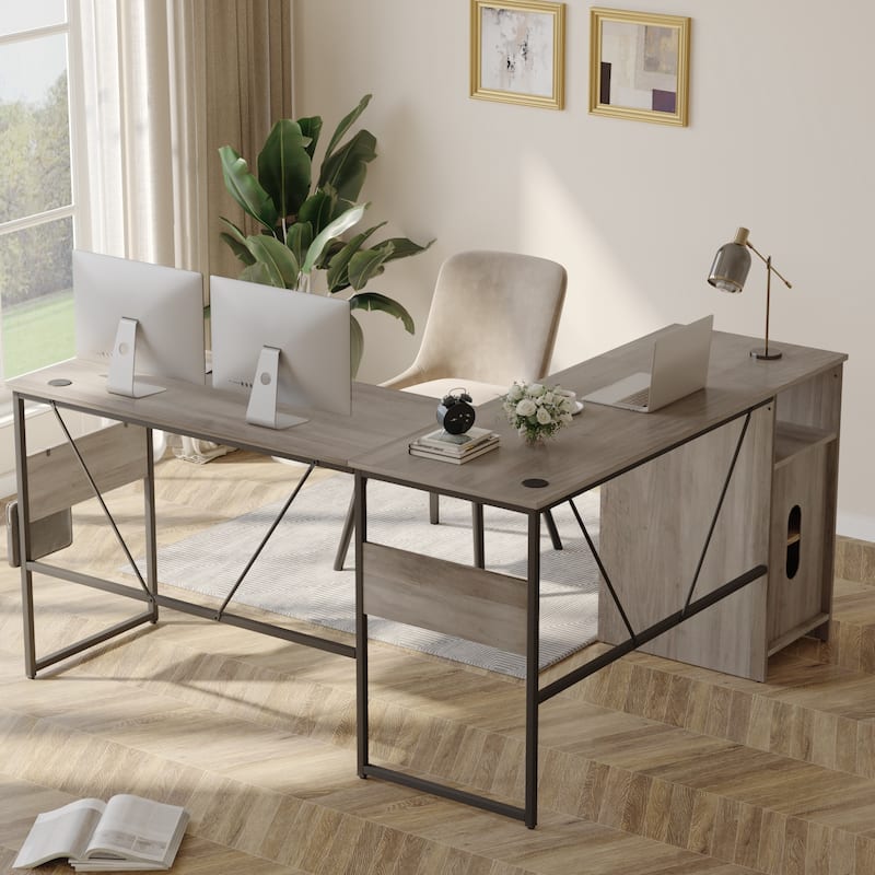 60'' L Shaped Desk with Storage Cabinet Office Computer Desk
