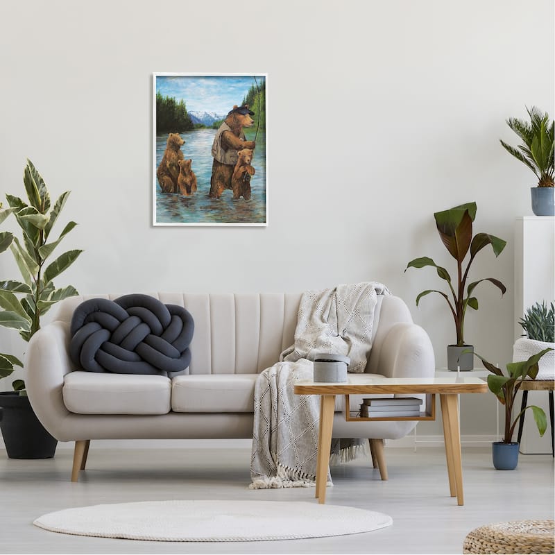 Stupell Brown Grizzly Bear Family Fishing Mountain Lake Landscape Framed Wall Art