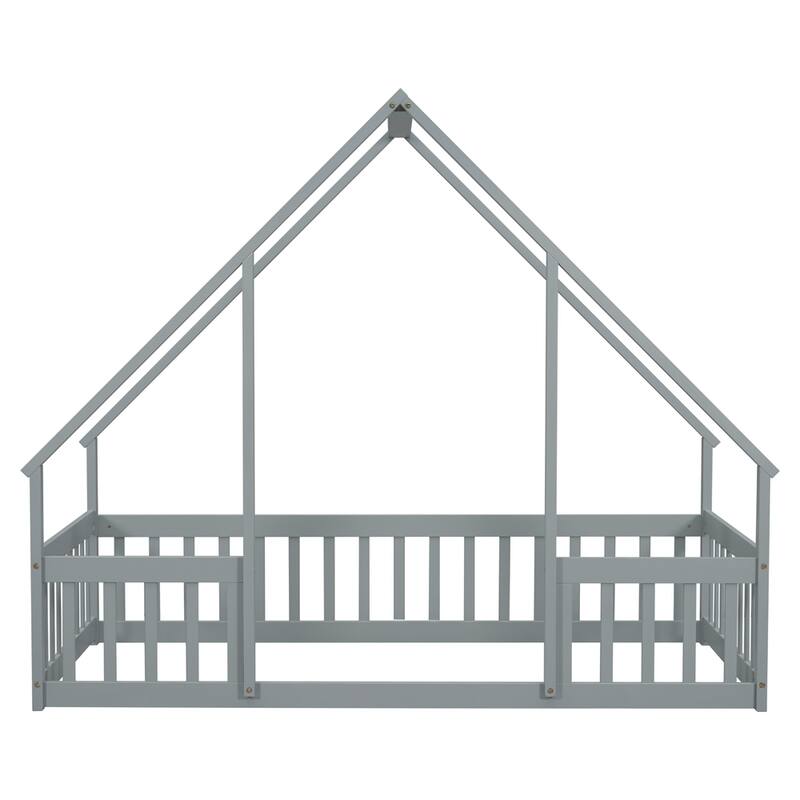 Twin Size Wood House Floor Bed with Fence and Guardrails