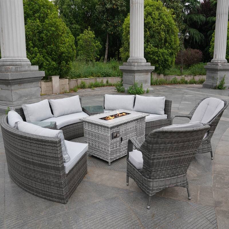 Patio Wicker Halfmoon Shape Sectional Sofa with Firepit and Chairs