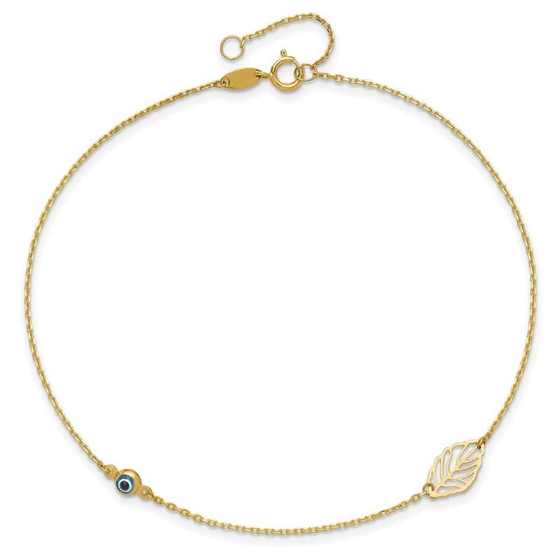 Curata 14k Yellow Gold 9+1" Leaf and Glass Evil Eye Bead Anklet (Spring-ring)