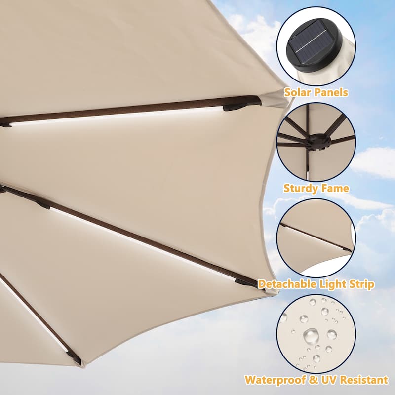 Clihome 15Ft Outdoor Solar Lights Rectangular Crank Market Umbrella, with Base
