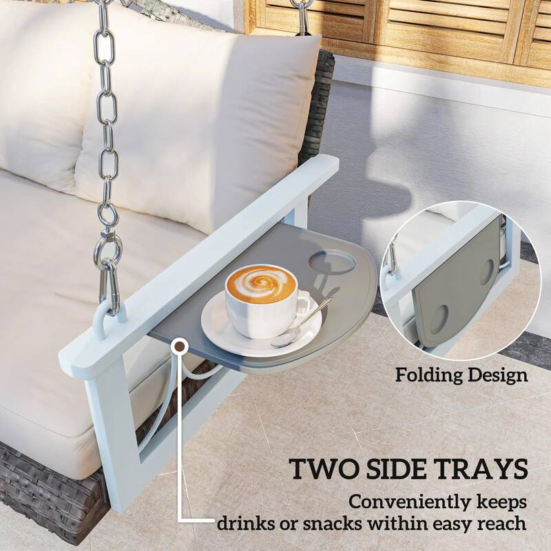 3-Person Wicker Porch Swing, Cushions, Cup Holders, Hanging Chains
