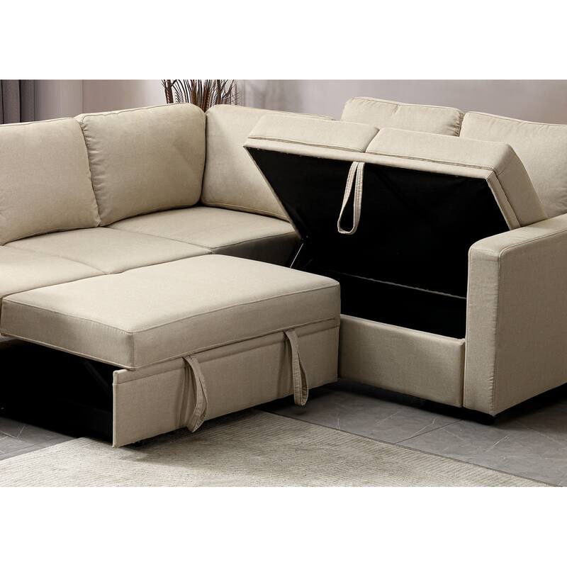 Sectional Sofa Bed, Beige, Polyester, 82x82x35 inches - Space-saving & Easy Install
