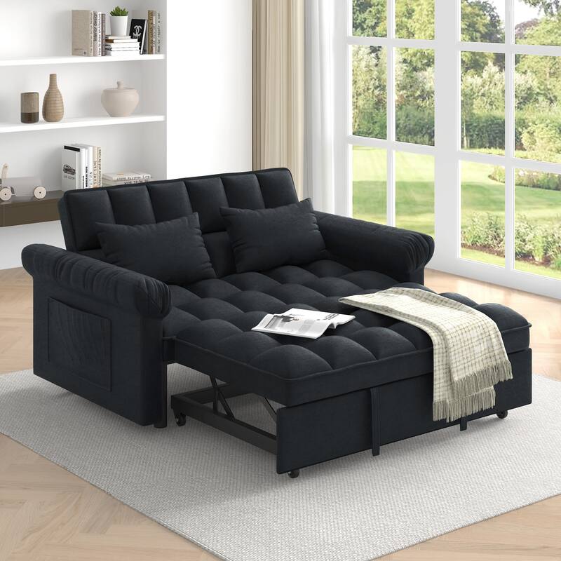 Flannel Sleeper Sofa Bed Loveseat Recliners Couch with Pull-Out Trundle, Adjustable Backrest, Round Arms and Side Pockets - Black