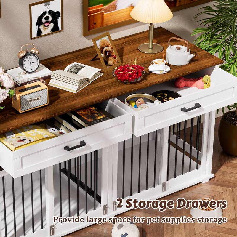 VEIKOUS Double Wooden Dog Cage Table, Large Dog Crate with 2 Large Drawers & Safety Locks - 5'×2'