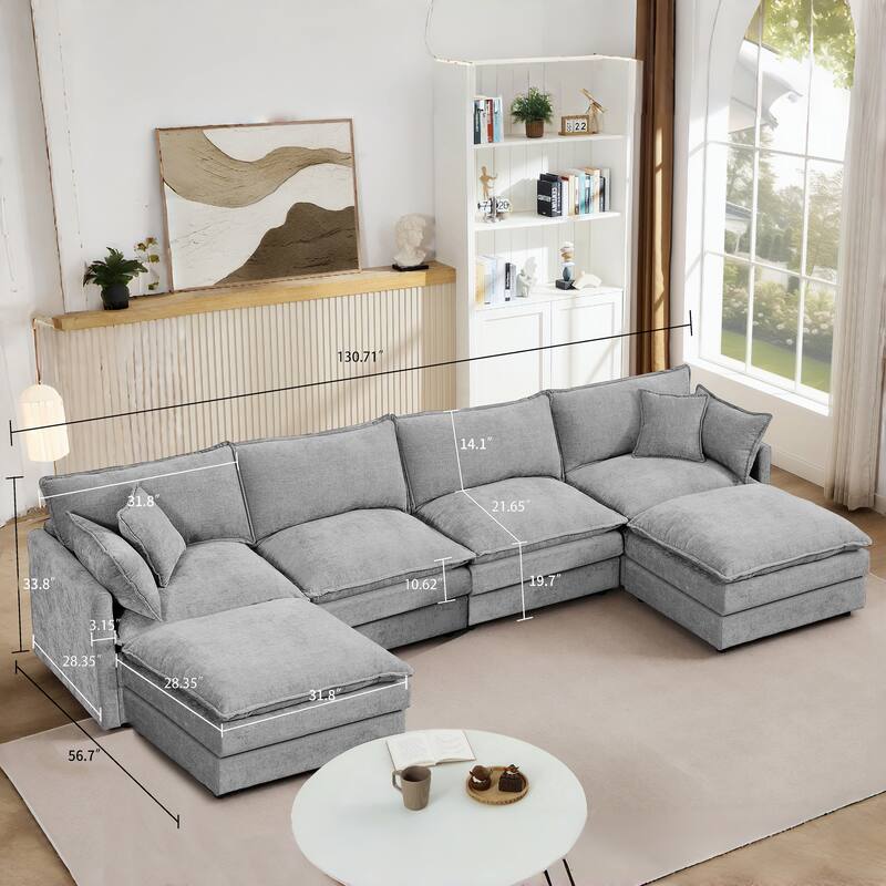 U Shaped Modular Sectional Sofa with Movable Ottoman, Comfy Chenille 4-Seater Cloud Couch, High-Resiliency Foam Deep Seat Sofa
